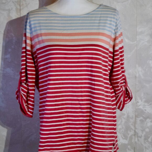 St. John's Bay Women's XL Multi-Color Striped Roll-Tab Sleeve Crew Neck Top - Picture 1 of 5